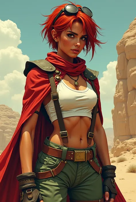 [Deep Tan-skinned Arabian] short female fighter, with (Egyptian facial traits).
Thick fat lips.
Freckles.
Intense sweat.
Short messy red hair.
Very long sideburns.

Steampunk aviator glasses on hair.

Long scratched cape.
Shoulder pads.
Red, white and gree...