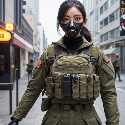 ((female soldier wearing a modern military gas mask)), black hair shortcut 、 special forces 、 cracked abs、Strong biceps、Big cleavage、Age 35、 perfect eyes、 Completed、 anatomically correct 、(Black combat uniform)、( are wearing food)、Bulletproof vest、goggles、...