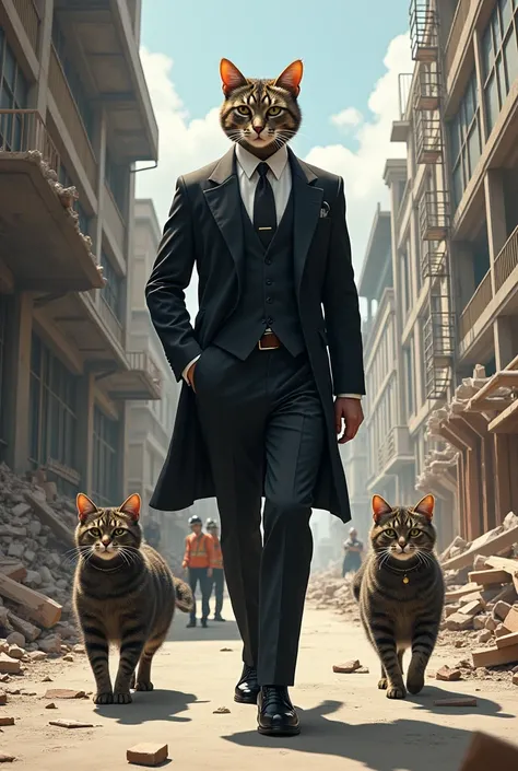 A rich cat dressed like a gentleman in a black suit walks past a building under construction, looking at the buildings that are now being demolished, and is guarded by two security cats behind him. 