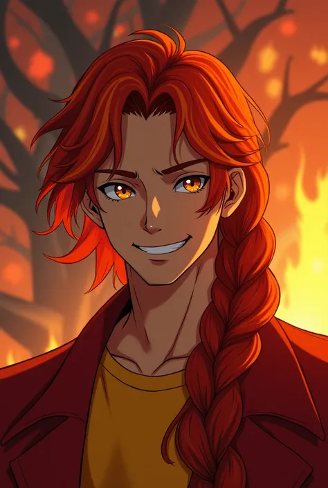 A brownskinned asian male with red shouldlength hair with orange streaks ina thick braid. His eyes are intense and with yellow irises. He is smiling smugly. He is wearing a red coat and yellow shirt. In the background a tree of fire is burning. More detail...