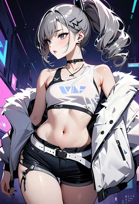 young girl, gray short hair, gray eyes, high ponytail, cyberpunk, white top, open belly, shorts, fur coat, masterpiece, high quality, silver wolf
