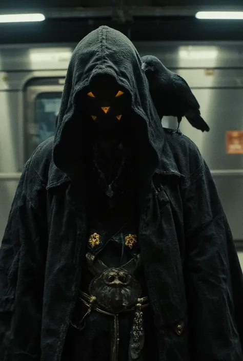 A mysterious figure wearing a tattered black robe with a hood covering his entire face, stands in a dimly lit subway station. His face is completely covered in shadow, creating an ominous and enigmatic atmosphere. Only from his face emits light with orange...