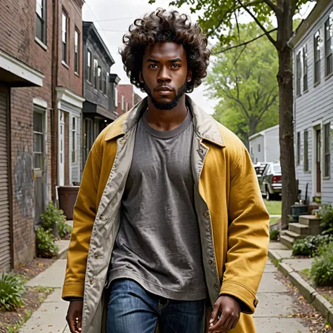  A 20-year-old black man with an average body size .  Balance between strength , agility and defense ,  wears a simple old coat and a gray t-shirt, Jeans and dress shoes,  he is a guardian of the human world for the supernatural ,  unrealistic knowledge of...