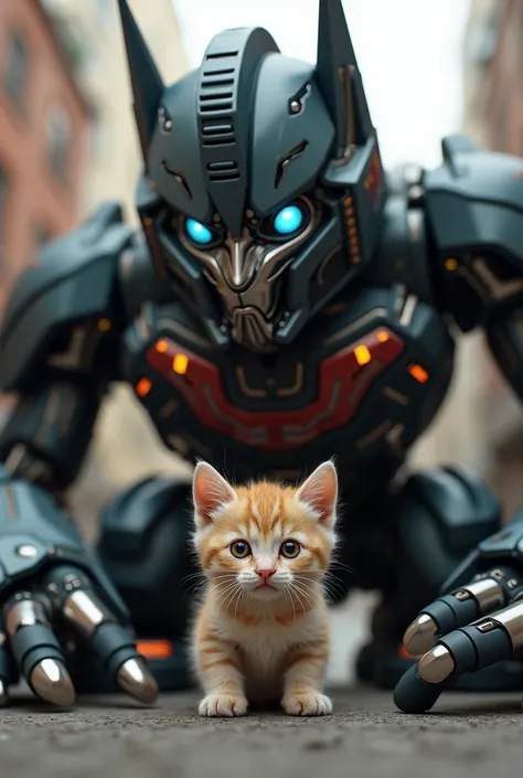 The kitten is masked by his transformer friend 