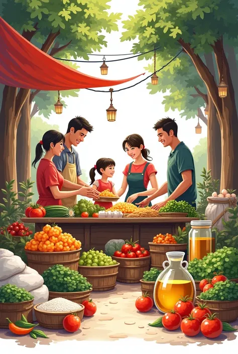  Create an image of a family Canasara market,  contains vegetables , Rice bag, sugar, eggs, oil jar , On white background 