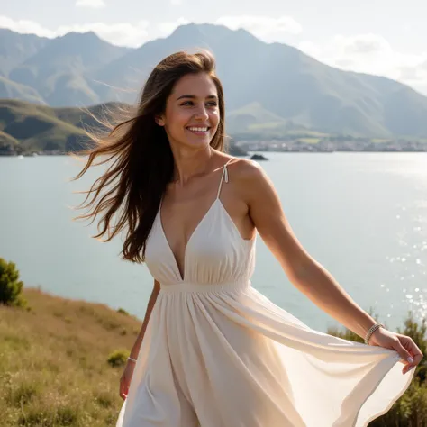  Isabella posing in a summer dress in the city of Puerto Montt with the sea in the background, It is a sunny and windy day that lifts her dress and moves her long hair 