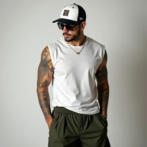 Muscular Spanish man,  defined jaw , tattoos Posing in a relaxed and urban style .  He wears a white cap with black details that says “Manifest” on the front and “AllHail” on the side.  He has dark sunglasses with gold details on the temples .  White sleev...