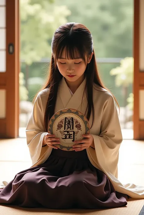 A photorealistic portrayal of a Japanese schoolgirl in a traditional long-sleeved uniform. She is seated on a tatami mat in deep prayer, holding an ornate plate close to her chest. The plate features the text HunyuanVideo IN seaart prominently engraved in ...