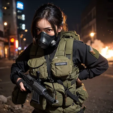 ((female soldier wearing a modern military gas mask)), black hair shortcut 、 special forces 、 cracked abs、Strong biceps、Big cleavage、Age 35、 perfect eyes、 Completed、 anatomically correct 、(Black combat uniform)、( are wearing food)、Bulletproof vest、goggles、...