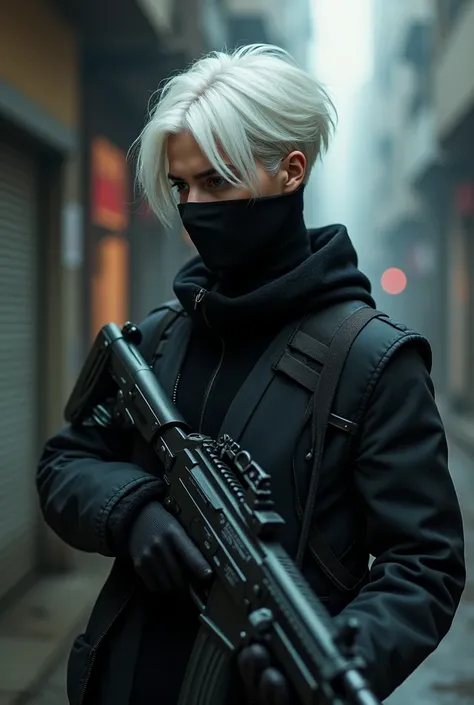  Do it not being old  ,  written Free Fire on your gun do it without that black jacket , Just the black turtleneck  !  And do it wearing a black mask on the white-haired face  