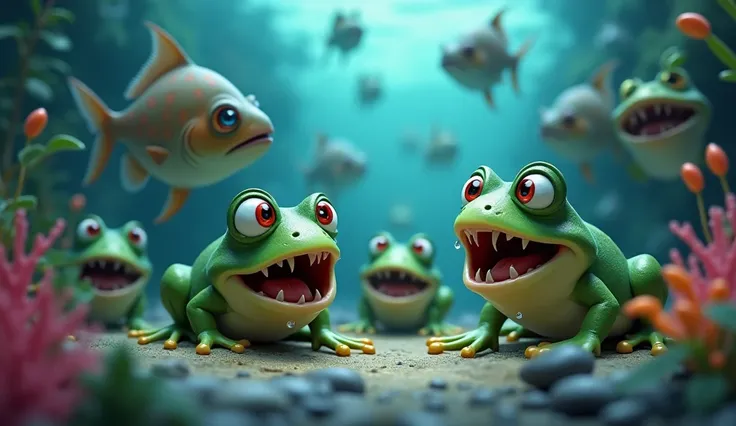 3D cartoon baby frogs looking scared and crying as they see terrifying piranha fish with sharp teeth and big glowing red eyes approaching them."
