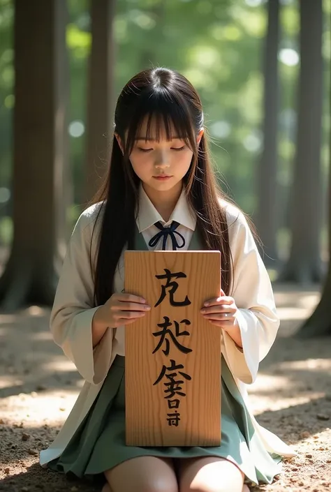 A masterpiece-quality image of a Japanese schoolgirl kneeling in prayer, dressed in an impeccably detailed long-sleeved uniform. She holds a large wooden board with both hands, positioned at chest height. The board prominently features the text HunyuanVide...