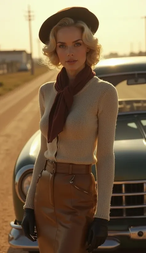 Ultra-realistic, photorealistic:1.2, cinematic 1930s Great Depression era, inspired by Faye Dunaways iconic portrayal of Bonnie Parker in Bonnie and Clyde. A glamorous young woman with sharp, elegant features, blonde hair styled in soft waves beneath a ber...