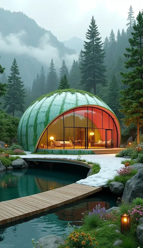 Greenhouse in Watermelon Shape:
A futuristic house shaped like a giant watermelon, featuring bright green and pink exterior tones with intricate details resembling watermelon seeds. The house is surrounded by a tropical garden filled with lush plants and v...