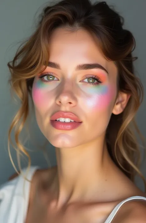 "Crie a imagem de uma mulher jovem com  light makeup  e moderna,  focused on a fresh and cool style . She must have:  
- **eyes**:  shade in soft pastel shades ,  like light pink ,  lavender or peach ,  creating a fun and delicate look .  Simple outline or...