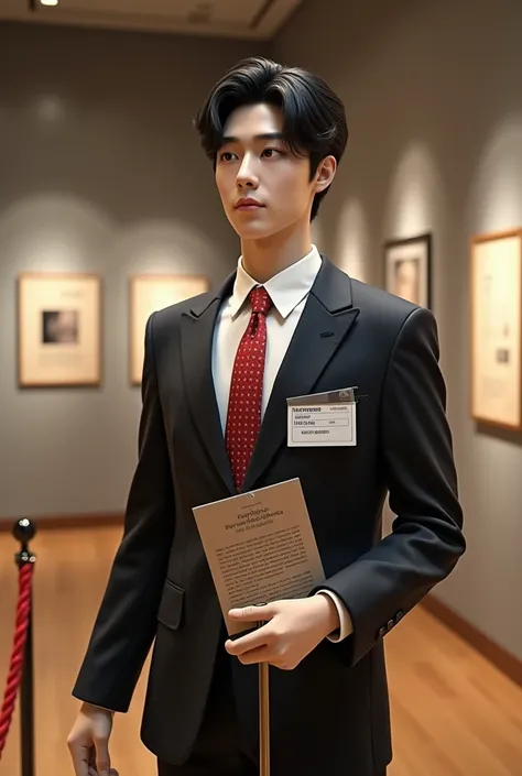 Kpop male idol mannequin museum with reporter outfit while holding cue card and museum rope pole and descriptive text