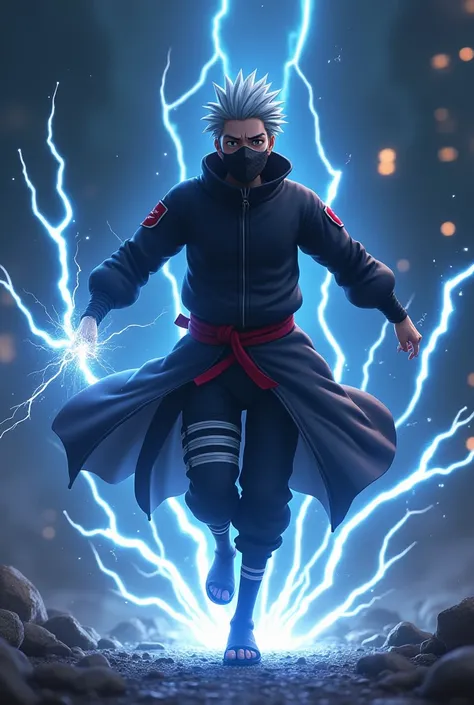 depicted in a 3D animation style, full body portrait of Kakasi Hatake, gray hair standing up, wearing a mask, looking like an Anbu leader, running pose from a downward perspective with lightning type powers, his entire body is electrified by lightning cent...