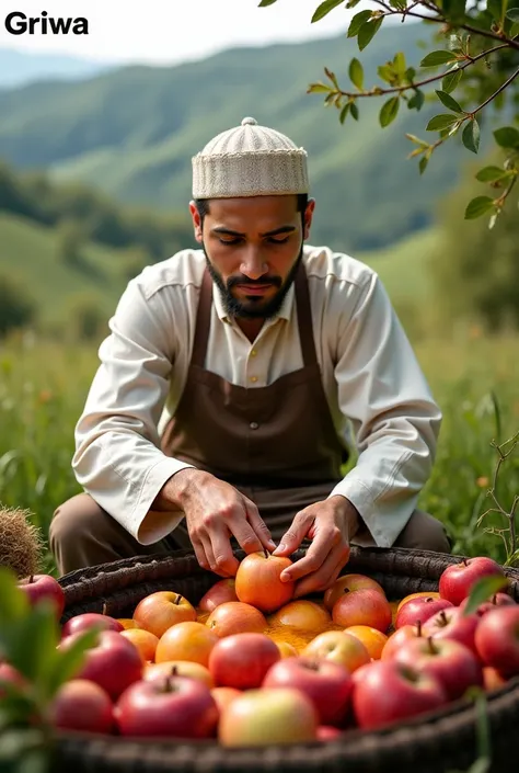 I want a photo of an muslim man making apple cider vinegar with apples next to him and in nature and the GRIWA logo at the top of the photo.