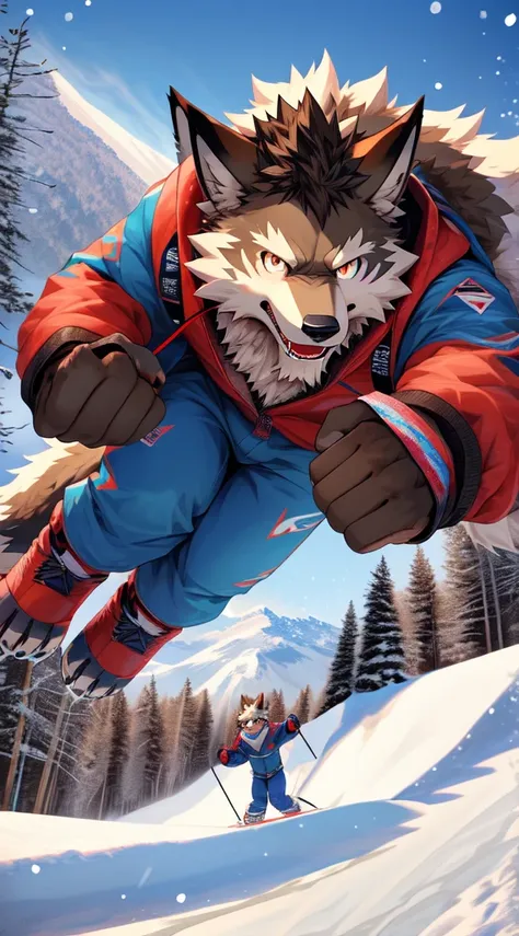 brown wolf beastman, wolffurry, high image quality, dynamic low angle, looking at viewer, dynamic composition, 4k, deformed pattern, male, solo, kemono, 5 fingers, fluffy, fluffy tail, ski, ski resort, snowboarding, snow, mountain, winter, 