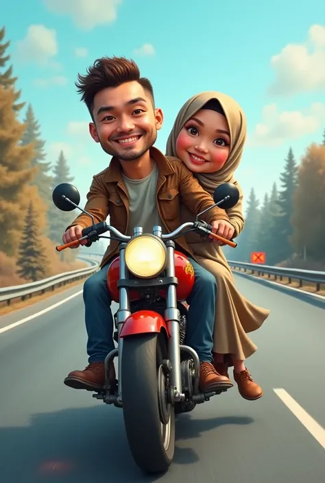 Make a caricature of a 30 year old man with short hair in a jacket in trousers and a 27-year-old woman dressed as a Muslim.While riding a motorcycle on the highway . Realistic original photo