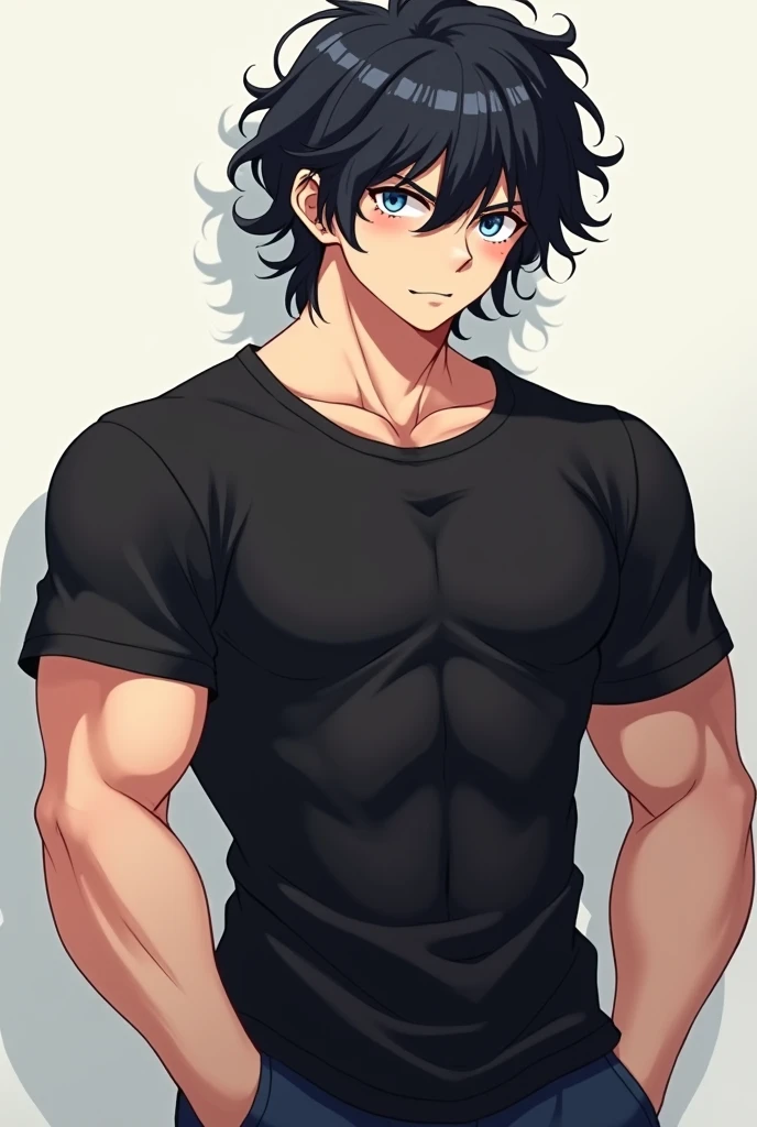 You can create an image of a 22-year-old anime boy who has black hair that reaches my shoulders and that is curly and whose eyes are blue and whose muscles are big and he wears a black shirt with short sleeves