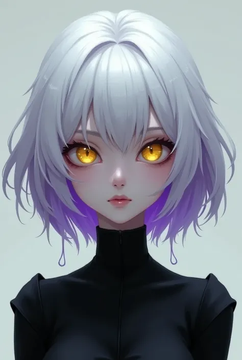 Semi-realistic character .  Female Character,  yellow eyes ,  slightly purple underside of hair ,  white top of hair .  The character has pale skin and wears black clothes