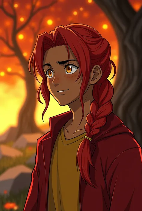 A brownskinned asian male with red shouldlength hair with orange streaks in a thick braid. His eyes are intense and with yellow irises. He is smiling sadly and his skin is pockmarked. He is wearing a red coat and yellow shirt. In the background a tree of f...