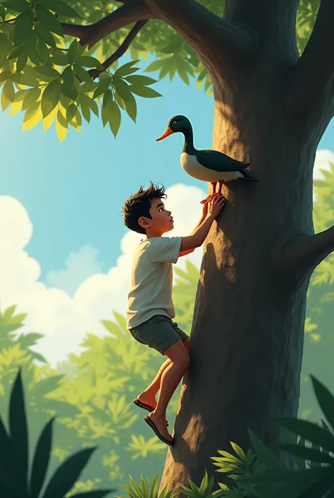 A young Indonesian man in a white T-shirt and shorts is climbing a tall tree and a duck tree on a tree branch