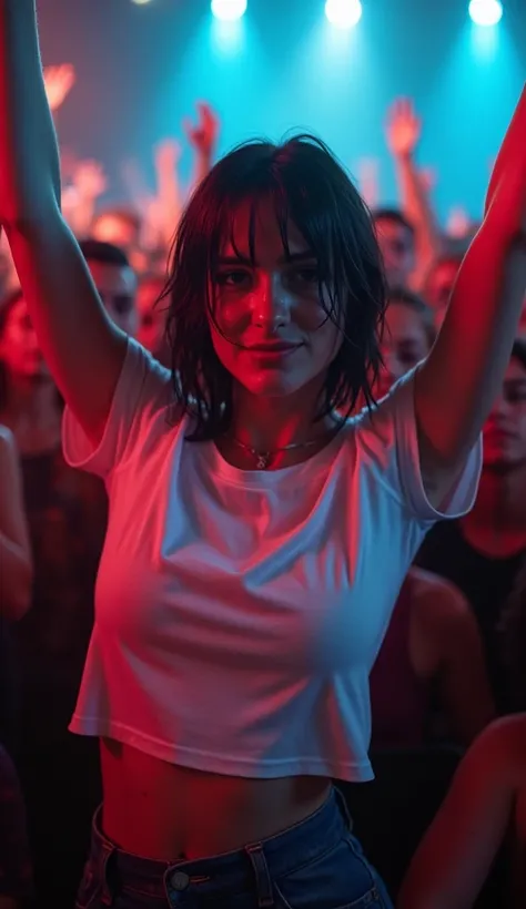 front view portrait  of a  young punk woman short dark hair wearing a wet white tshirt, she is dancing arms up and enjoying front row of a rock concert in a crowded  small club, very expressive face, rock music, cinematic lights