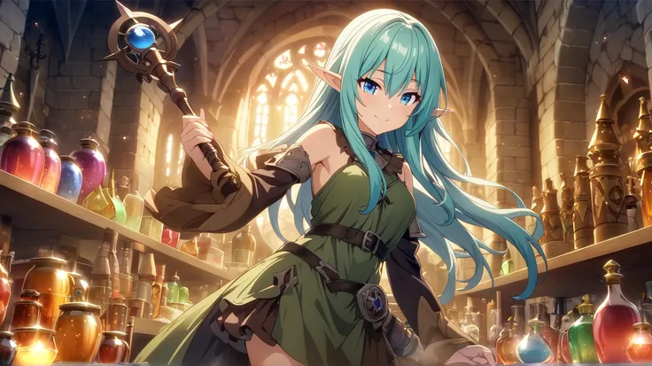 masterpiece、 1 elf girl holding a magic wand ,  long hair,  blue eyes, Dark Elf Girl,   elf clothes , CG,Big magic wand, Light effects,Medieval Background、 organized potions section,Generate potions with a smile