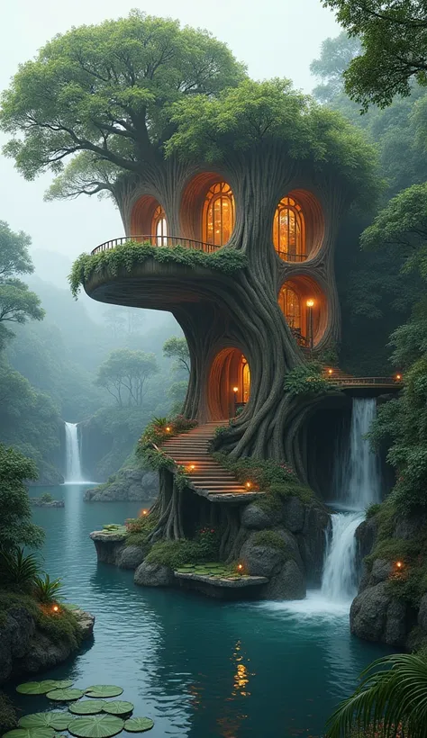 A fantastical house designed like a giant, hollowed-out tree trunk, perched gracefully on the edge of a serene river. The house features massive, spiraling roots that serve as natural supports, extending into the water as if gripping the earth. The structu...