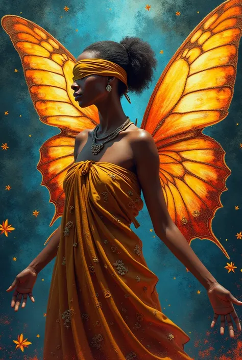 fractal abstract art, beautly Ethiopian woman, slightly chubby, off shoulders sleeveless dress, wear blindfold cloth, big buttery wings at back, vibrant color, dynamic pose