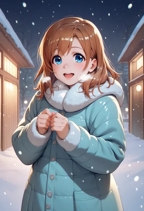 score_9, score_8_up, score_7_up, score_6_up,Shiny skin, kousaka honoka, blue eyes, beautiful, winter clothes, breathing, happy, brown hair, night, snowing, cowboy shot