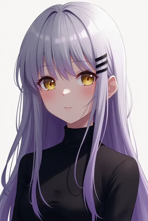 Semi-realistic character .  Female Character,  yellow eyes ,  slightly purple underside of hair ,  white top of hair .  The character has pale skin and wears black clothes. Deixe a personagem com um cabelo longo e traços ocidentais na aparencia
