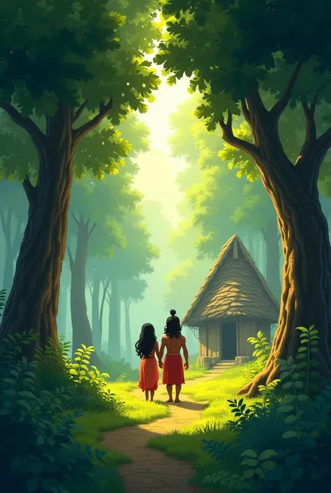 In cinematic 3d cartoon style "Forest Setting: Illustrate a peaceful, dense forest with lush trees, sunlight streaming through the leaves, and a small hut in the background where Sita and Lakshmana are standing.