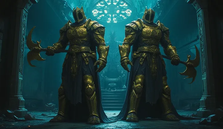 Two large and powerful golems made of gold with iron elements in the form of knights in plate armor and majestic helmets stand in the royal hall of the dwarves, against the background of the great throne. The throne room is empty and full of dust, and two ...