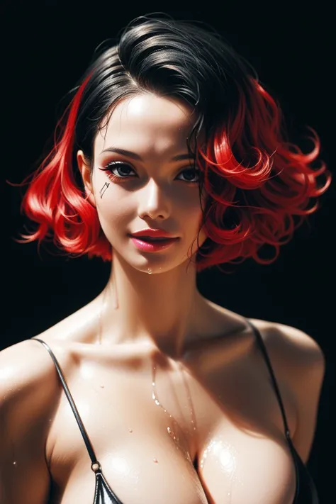 (best quality, sketch:1.2),realistic, monochromatic illustrator,anime,1 sexy girl, close up, detailed lips, happy new year mood, (black background), dripping wet red flowing hair, pink lips, textured cropping, masterpiece, style retro classic, noir dark, a...