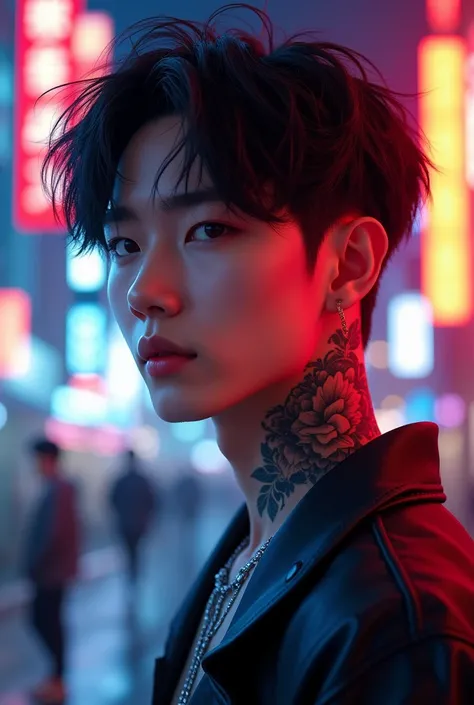 Asian boy like kpop have a tattoo on neck age19y