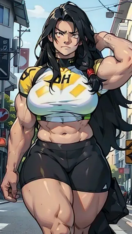 sad pale muscular girl large breasts black hair yellow eyes long hair muscular long hair thick