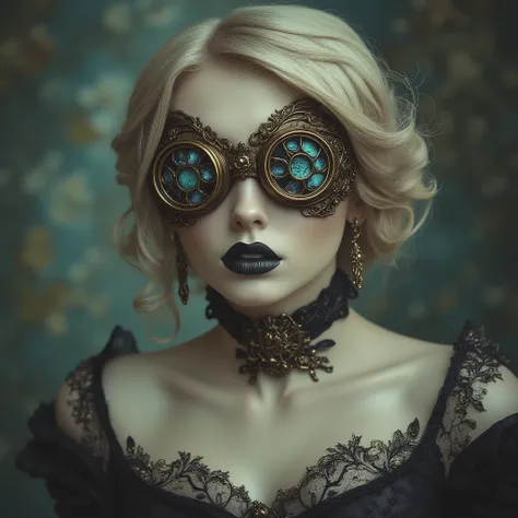 ArsMJStyle, Rococo Steampunk, The image shows a woman wearing a black dress and a pair of steampunk goggles with blue lenses. The background is slightly blurred giving the image a dreamy ethereal feel., 1girl, solo, goggles, lips, blonde hair, portrait, bl...