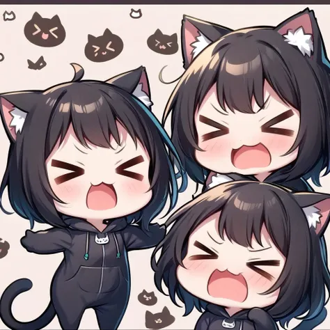 (>_<:1.5), chibi, girl, upper body, cat costume