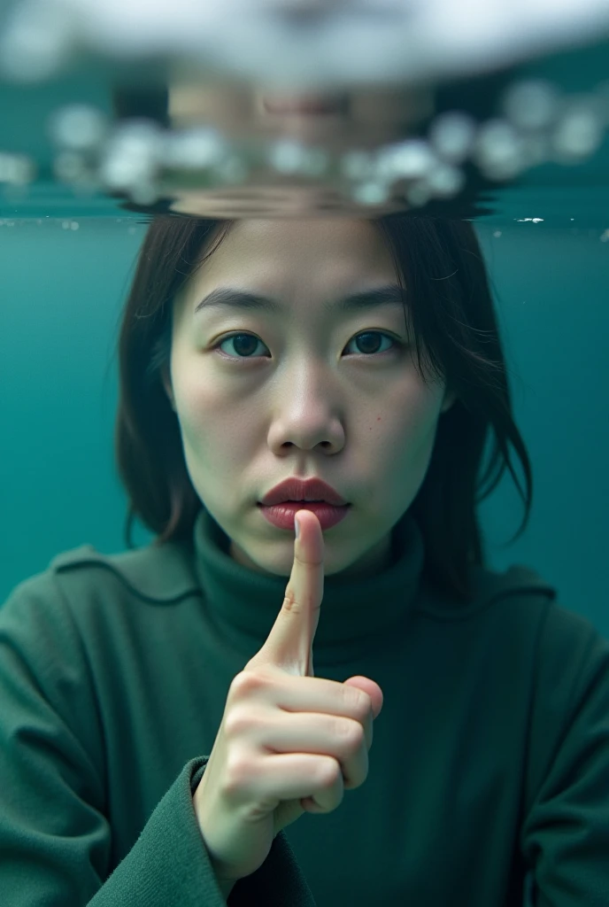 An image from above the river, in the middle of the image from inside the river, a human face is seen, encouraging silence with her index finger in front of her mouth, an abstract and attractive image.