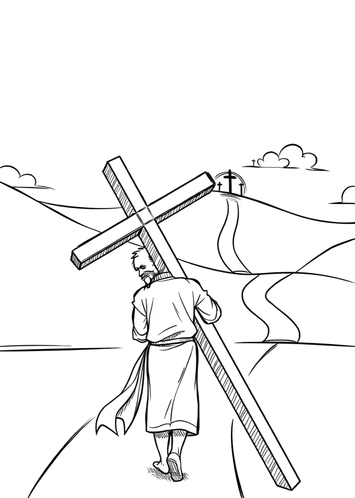  Use this image to make a cover of a book ,  where a man is carrying a cross on a path, whose end has three crosses 