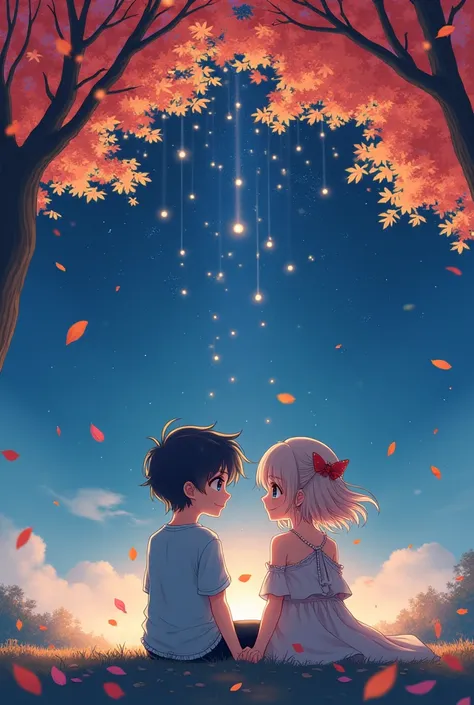 Create a anime characters boy and girl, background falling star, sitting under maple tree