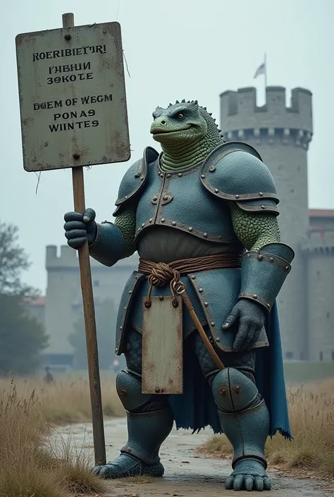  “Fortress guard” is a huge , scaly creature , Who stands in heavy armor in white-blue and carries a large sign.  It protects an impressive building in the background ,  that symbolizes the fortress of Lech Poznań .  The watchman looks decisively and watch...