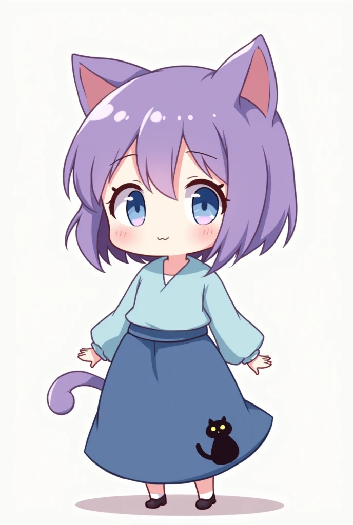 Draw a girl with purple rather short hair, blue eyes a blue blouse, a long blue skirt with black cat and she has to be in cute chibi style 