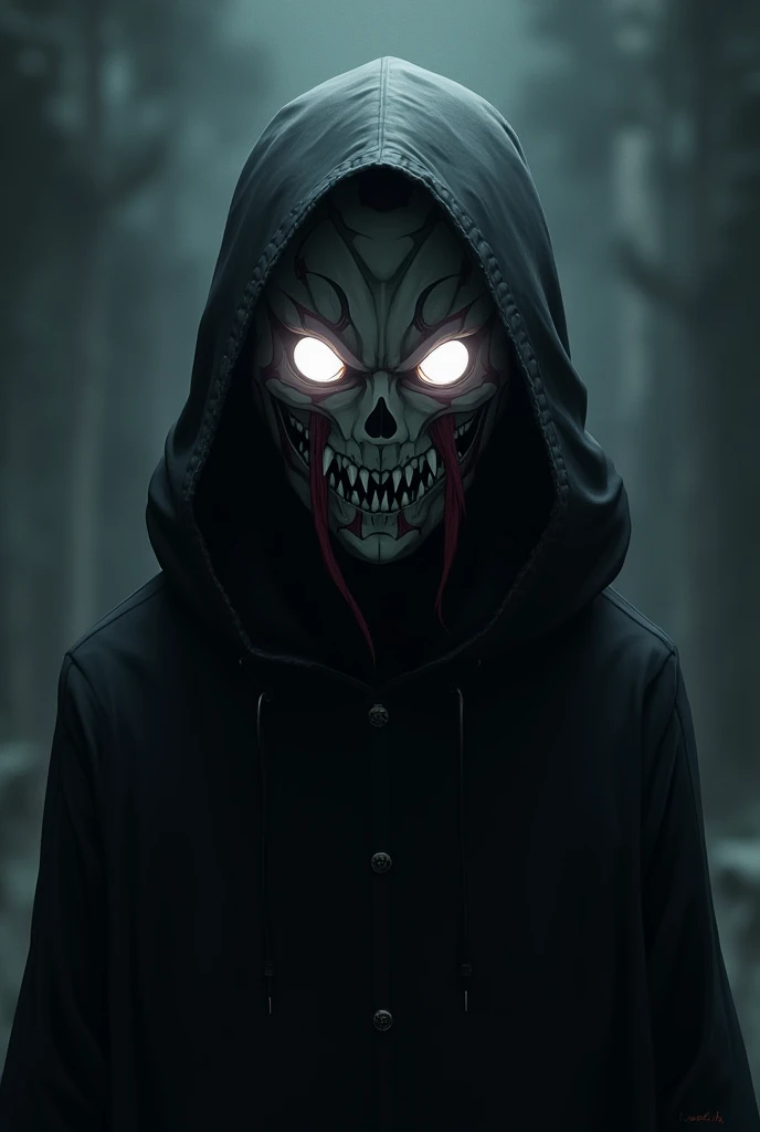 Gojo-style character with only a mask with two LED balls in place of the eyes and a creepy smile, pointy teeth and a cover covering the rest of the body.