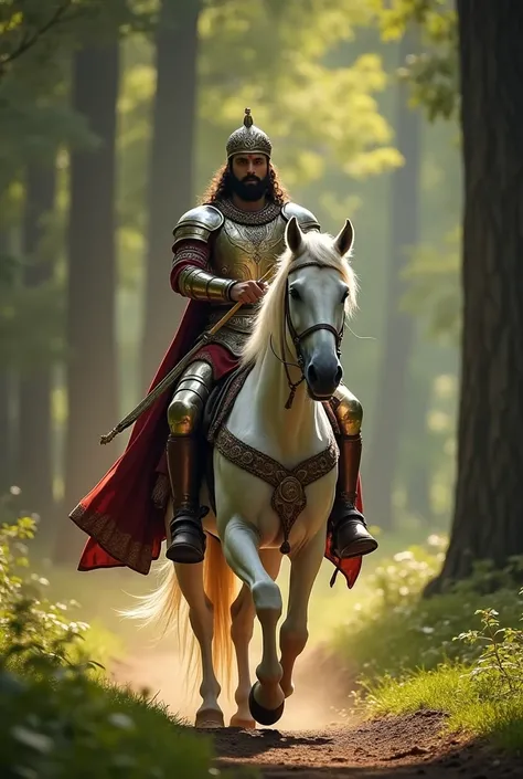 A very clear ultra HD quality dynamic image of"A majestic Rajput warrior riding a royal-looking white horse through a dense forest. The warrior wears shining armor, a sword sheathed at his waist, and holds the horses reins firmly in his hands. The white ho...