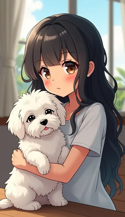  Create an anime image of a puppy and its owner . Maltese dog ,  all white with very long hair and black eyes and very small. The one with a ,54m high,  curly black hair up to the waist , breasts a little big,  body is not so thin ,  but not fat .  dark br...