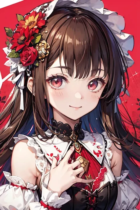 Front，ID photo，red skirt and black ， she has brown hair and eyes 。 with balls on both sides of her head ， shoulder-length hair ， anime girl in a gothic lolita dress  ,And shes wearing a red flower ornament on her head 。she is wearing a white blouse， has go...